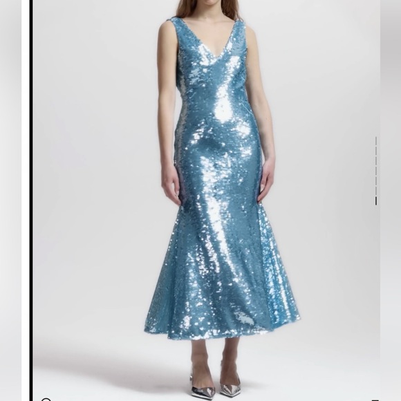 Self Portrait Blue Sequin Midi Flare Dress - Picture 2 of 10